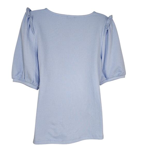 Talbots Tee Womens Small Ruffle Shoulder Voop Neck Elbow Sleeves Blue Textured - Picture 2 of 7